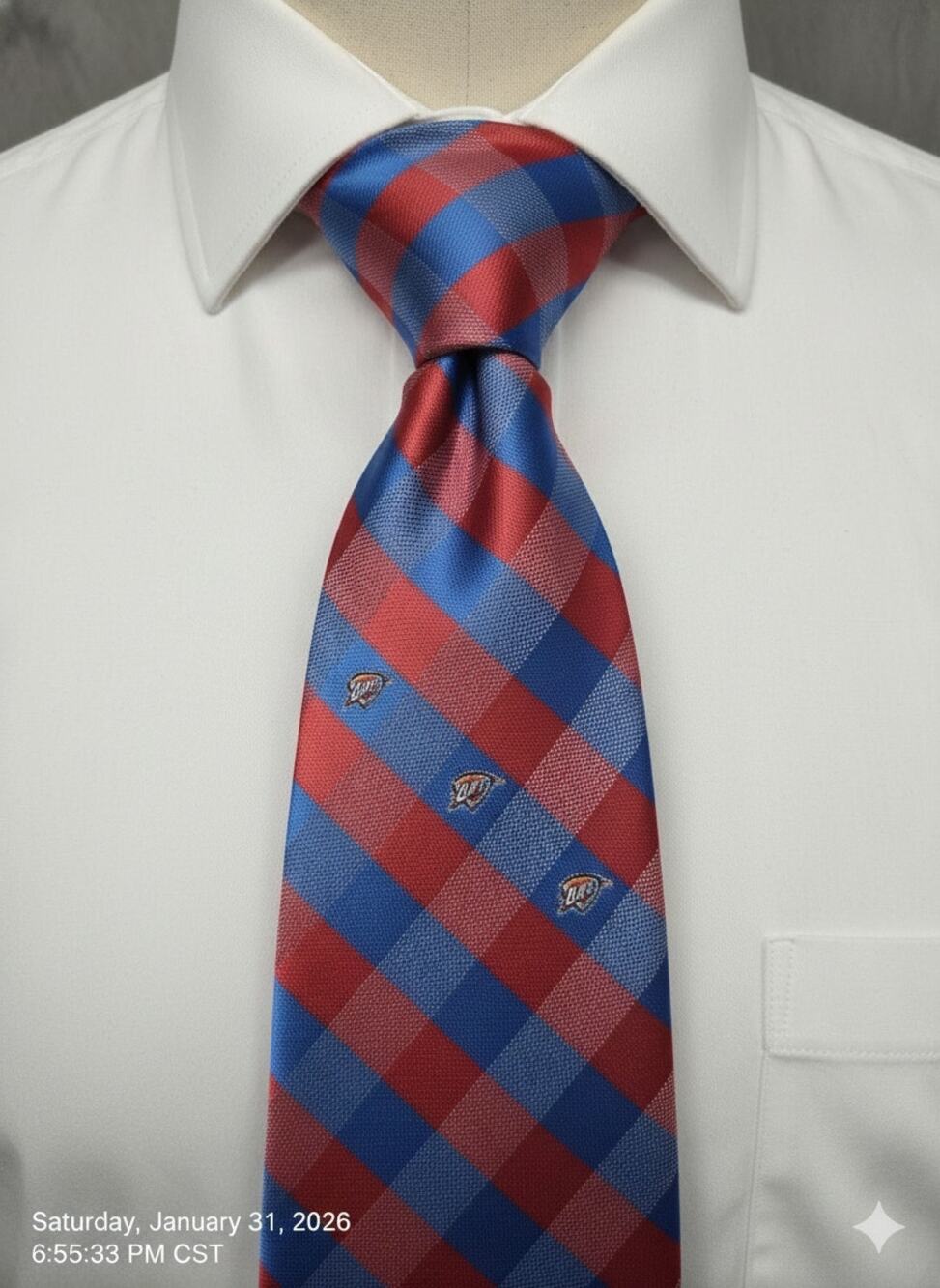 NBA Oklahoma City Thunder OKC basketball plaid logo tie - 57.5"